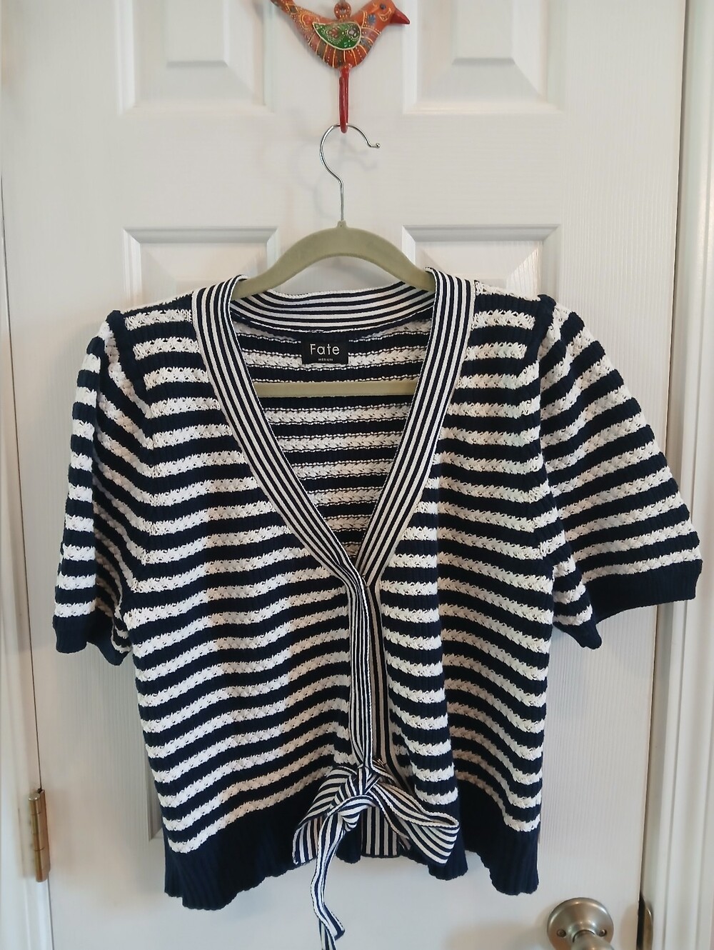 Fate Navy and White Striped Tie-Front Cardigan